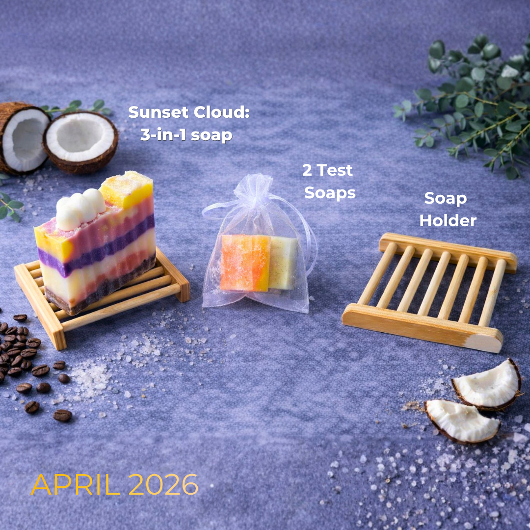Sunset Cloud 3-in-1 soap with a soap holder and test soaps on a blue surface.